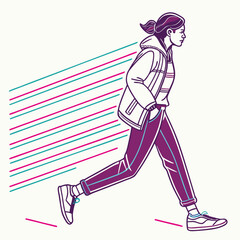 Young woman in casual attire walking with determination.