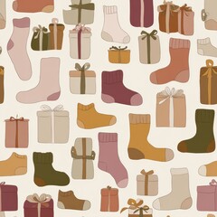 Colorful Pattern of Socks and Gifts on a Light Background Perfect for Holiday or Winter Decor Ideas