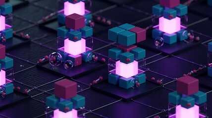Futuristic network of cubes and spheres with glowing energy, ideal for modern technology concepts