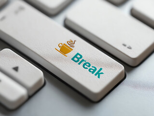 Close-up of a computer keyboard key labeled "Break" with a coffee cup icon, symbolizing taking a pause or coffee break during work or computer use