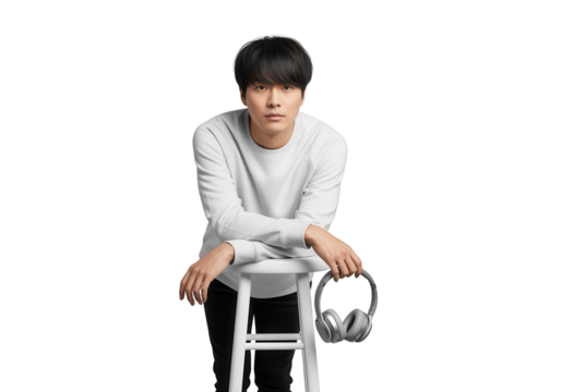 Cool Asian Man Leaning on Stool with Headphones on White
