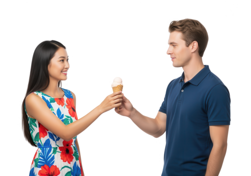 Couple Sharing Ice Cream on White Background