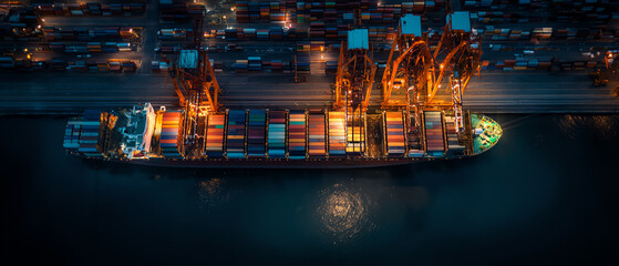 Aerial view of a large cargo ship docked at a port at night, illuminated by orange lights, with numerous shipping containers and cranes visible along the quay