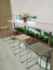 Minimalist interior design with wooden bar stools, tall white table, indoor plants, and city view outside the window. Bright and modern office space concept.