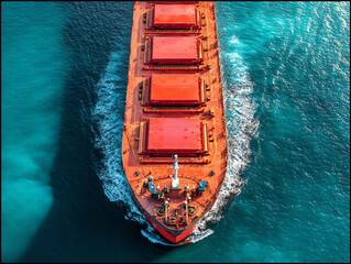 A large red cargo ship sails through clear blue waters, creating white waves as it moves forward, viewed from above in a vibrant, high-contrast image