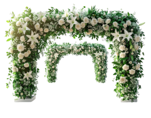 Floral Wedding Arch with Draped Fabric and Green Vines PNG