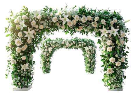 Floral Wedding Arch with Draped Fabric and Green Vines PNG - Powered by Adobe