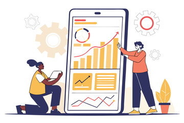 Business team collaborating to analyze data and growth charts on a mobile phone display