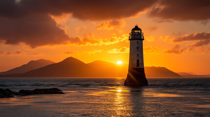 A lighthouse stands tall in the ocean at sunset, with golden light reflecting on the water and silhouetted mountains in the background under a partly cloudy sky