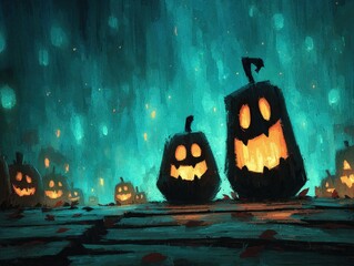 Painterly Halloween Pumpkins Glowing at Night
