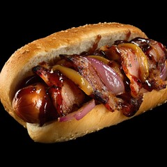 Loaded hot dog on a sesame seed bun, topped with bacon, BBQ sauce, onion, and cheese