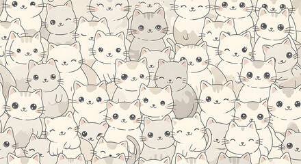 Seamless adorable pattern of cute kawaii cartoon cats and kittens in a crowded, repeating background illustration for textiles or wallpaper