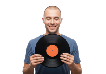Man Enjoys Listening to Vinyl Record, Eyes Closed, Isolated on White