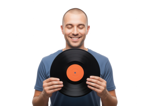 Man Enjoys Listening to Vinyl Record, Eyes Closed, Isolated on White - Powered by Adobe