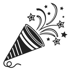 Monochrome party popper exploding with stars and confetti.