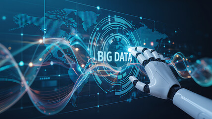 Robotic hand interacting with futuristic big data interface, unlocking insights worldwide, modern technology