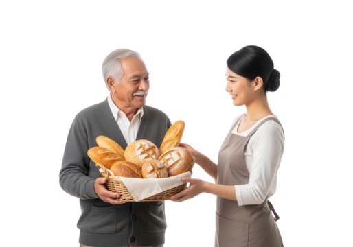 Asian Woman Giving Bread Basket to Senior Man on White