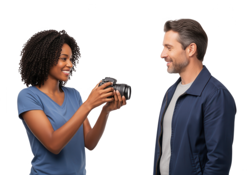 Photographer Taking Picture of Man on White Background