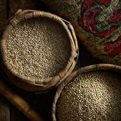 Close-up of quinoa in woven baskets