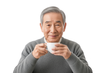 Content Senior Man Drinking Coffee on White Background