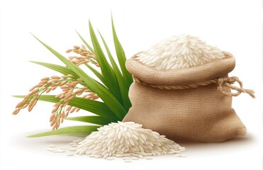 Rice in burlap sack, paddy stalks