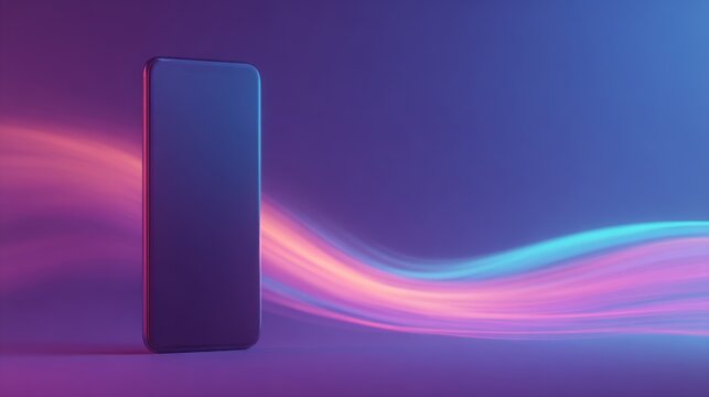 Smartphone with blank screen on purple background with light trails