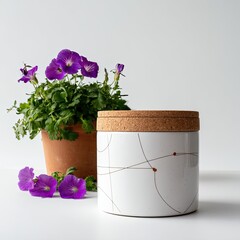 White ceramic canister with cork lid, beside purple flowers in terracotta pot