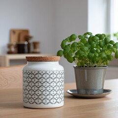 Decorative ceramic jar with cork lid, beside potted basil