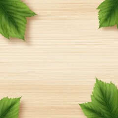 Light beige wooden surface with vibrant green leaves in corners