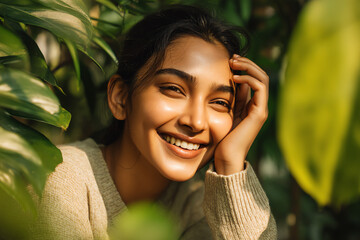 A young woman smiles warmly, surrounded by lush green leaves, radiating natural beauty and tranquility in soft sunlight