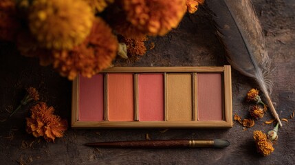 Cosmetic palette with brush and marigolds with feather on dark grunge surface