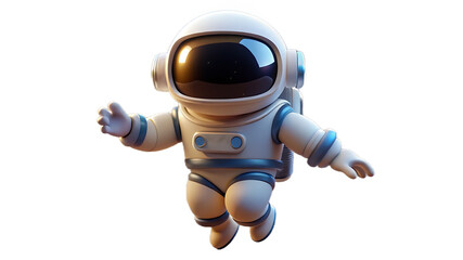 A cartoon astronaut floating with a white spacesuit and helmet on a black background in a digital render