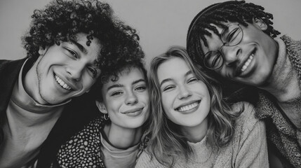 Fototapeta premium Close up portrait of four smiling young adults in black and white monochrome photography