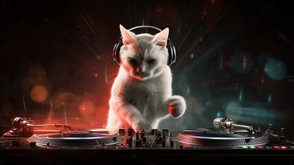 White Cat DJs at a Vibrant Club Setting With Colorful Lights Generative AI