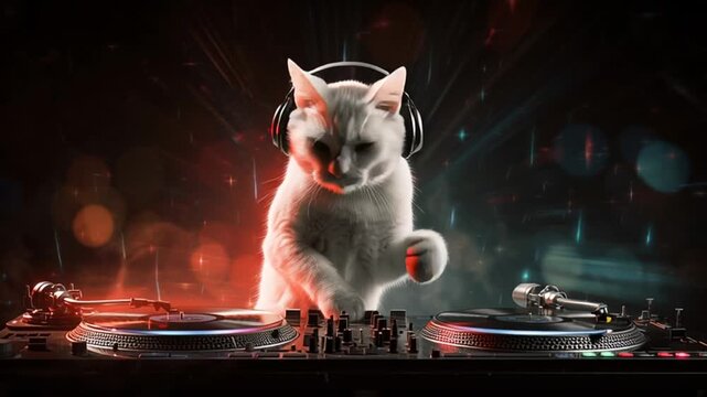 White Cat DJs at a Vibrant Club Setting With Colorful Lights Generative AI
