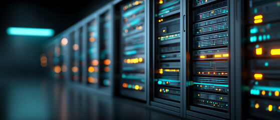 Naklejka premium Row of illuminated server racks in a modern data center with colorful status lights indicating active network connections and system operations