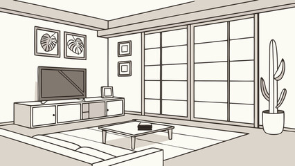 Modern Living Room Interior Design Sketch.