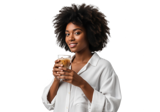 Young Woman Enjoying Iced Coffee on White Background