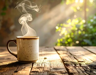 A steaming mug of coffee on a rustic wooden table bathed in sunlight