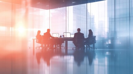 A team of professionals collaborating in an office space on business compliance and quality assurance tasks, soft-focus background