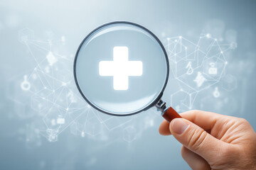 Obraz premium Hand holding a magnifying glass focusing on a glowing medical cross symbol, with a blurred background of interconnected digital icons representing healthcare and technology