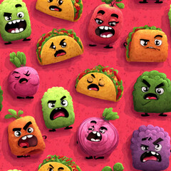 Angry Food Cartoon Seamless Pattern: Tacos, Turnips & Veggies with Fierce Expressions