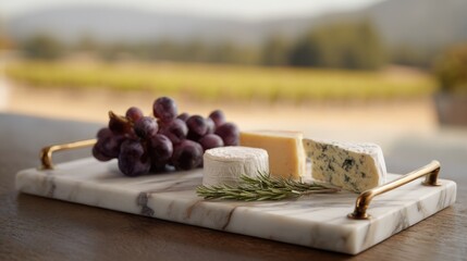 Cheese platter with grapes and rosemary on marble tray