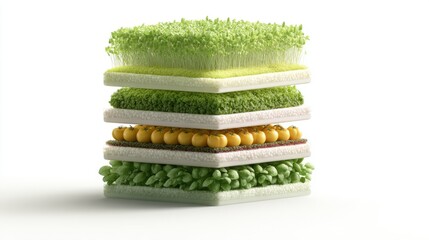Conceptual cross-section showing layers of soil, seeds, and microgreens, isolated on a white background