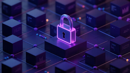 Cybersecurity network padlock protecting data with blockchain technology in a digital world