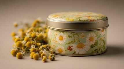 Chamomile flowers and decorated metal container on neutral background