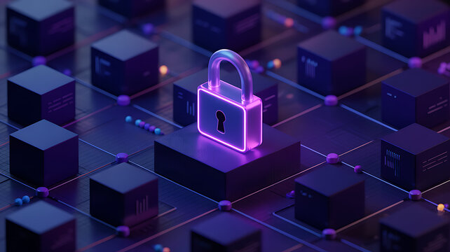 Cybersecurity network padlock protecting data with blockchain technology in a digital world - Powered by Adobe