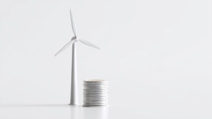 Wind turbine model with stack of coins on white background