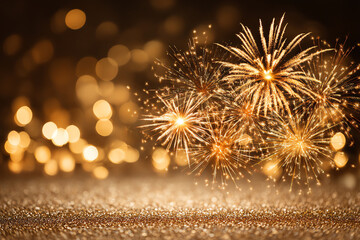 Fototapeta premium Golden fireworks burst in the night sky, illuminating a sparkling glittery surface with warm, festive bokeh lights creating a celebratory and magical atmosphere