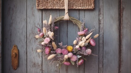Wreath on a blue door, floral decoration
